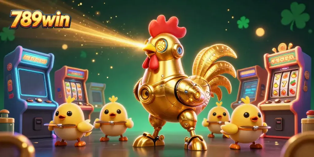 Experience thrilling gameplay at 789win with dynamic golden rooster robot and arcade machines.