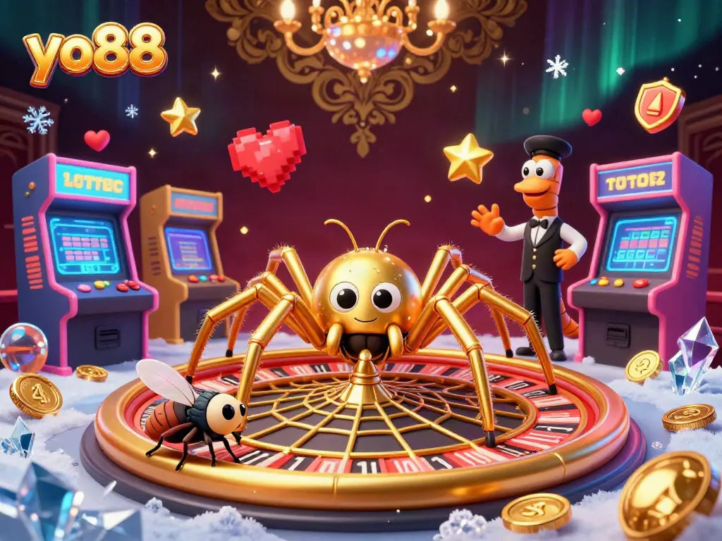 Spin the reels at yo88's 3D casino, where a golden spider hosts a thrilling roulette game.