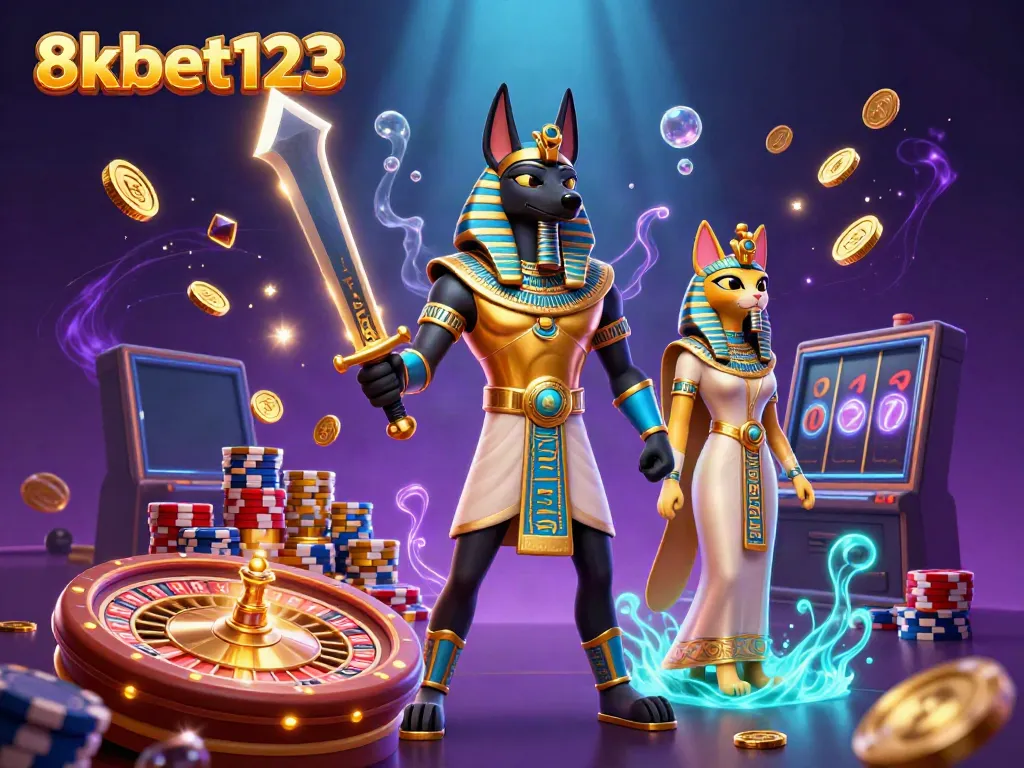 Engage in thrilling action with 8xbet123 as Anubis, the jackal warrior, stands among dazzling casino elements.