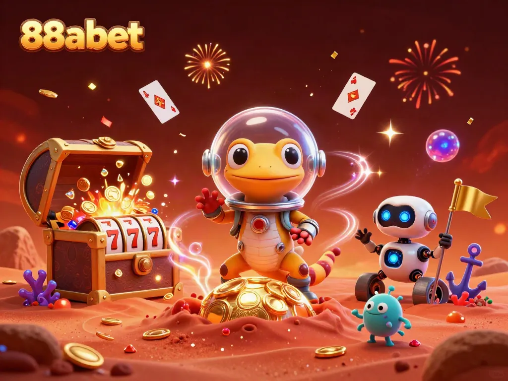 88abet Martian gecko discovers golden casino, celebrating with robot rover and cheering bacteria.