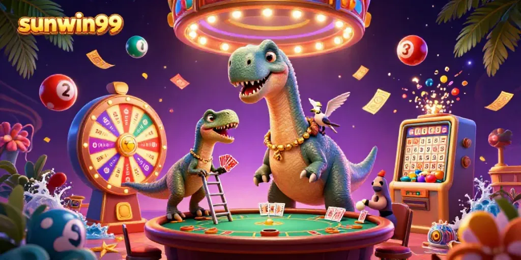 Experience the excitement of sunwin99 with dinosaurs in a vibrant casino scene.