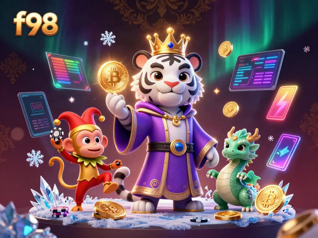 Experience excitement at f98 casino with a royal tiger and monkey in a vibrant gaming scene.
