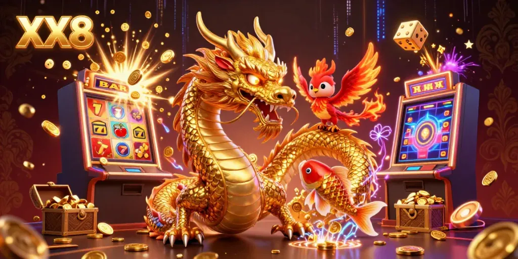 Experience the thrill of winning at XX8 with an enchanted dragon, phoenix, and a treasure-filled casino scene.