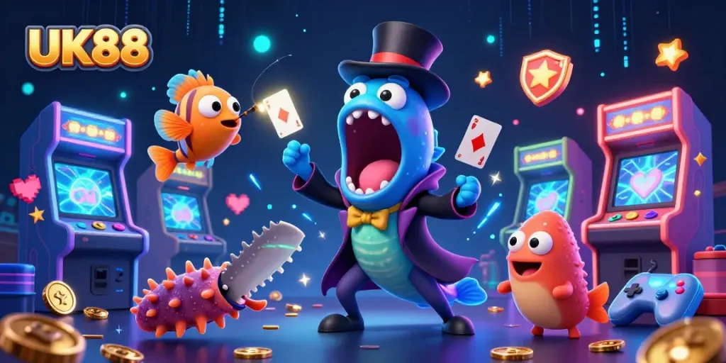 Experience UK88's vibrant gaming world with a dazzling sea deep-sea magic act and dynamic casino elements.