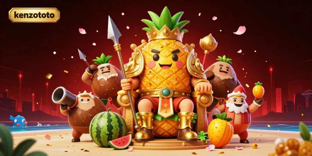 Kenzototo fish shooting game illustration with a pineapple king and dynamic beach casino scene.