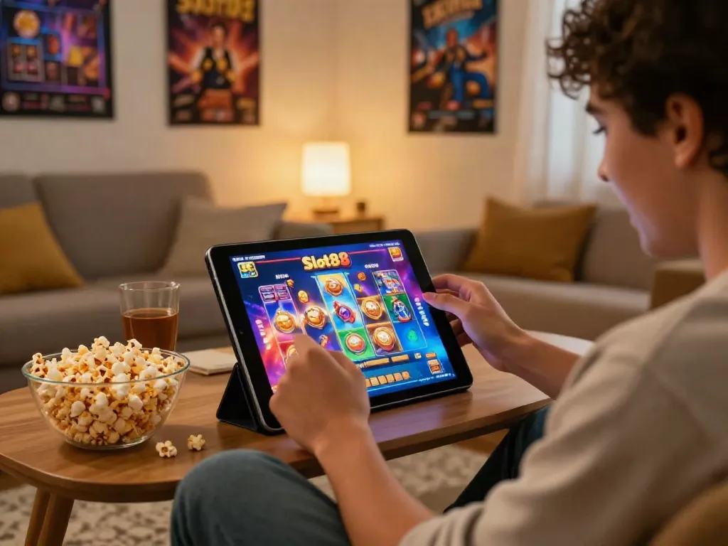Player engaging with Slot88 on tablet in a cozy gaming setup.