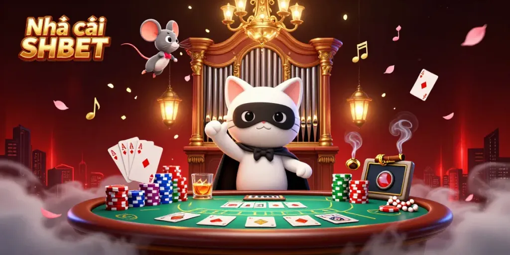 Engage with the thrilling world of Nhà cái SHBET with this vibrant casino scene, showcasing poker excitement and magical elements.