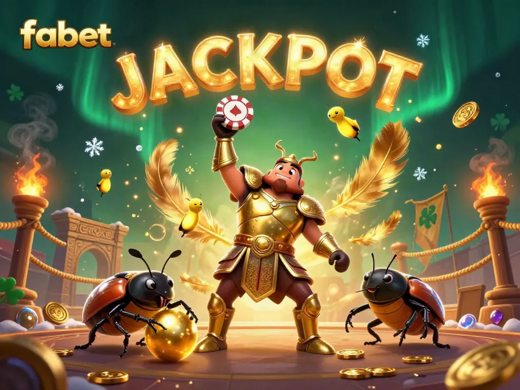 Winning big with fabet in a thrilling 3D casino illustration featuring beetles celebrating a jackpot.