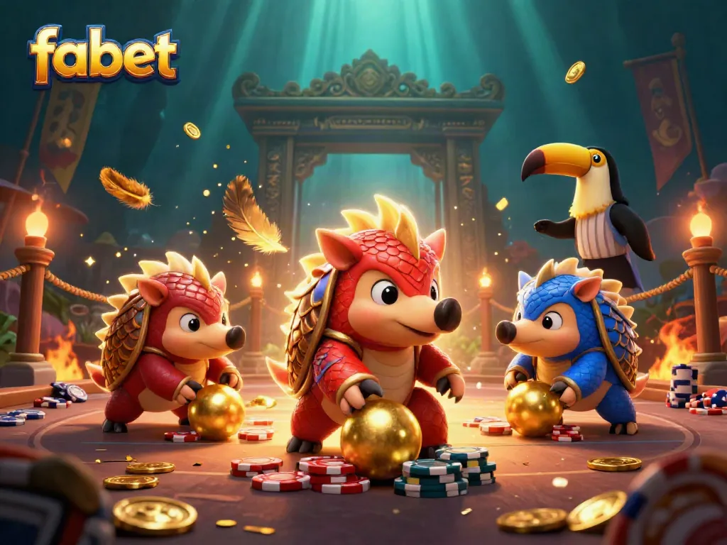 Fabet pangolins competing in a vibrant casino scene, bowling through poker chips.