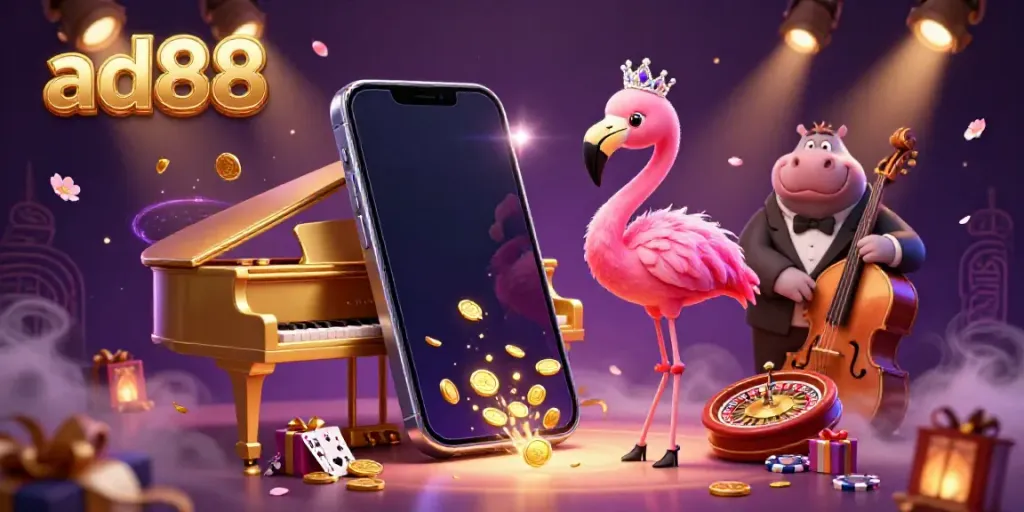 Experience the vibrant energy of ad88 with an ultra-detailed casino illustration featuring a flamingo singer and game elements.