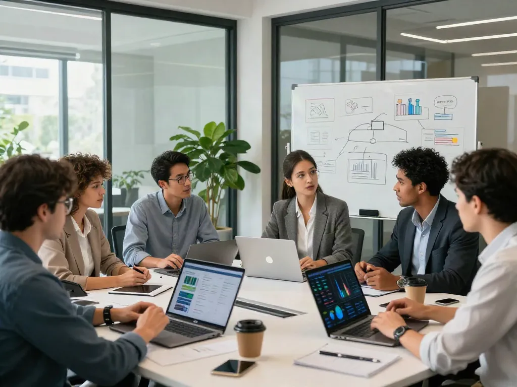Collaborative professionals in a modern workspace discussing strategies on istana404, showcasing innovation and teamwork.