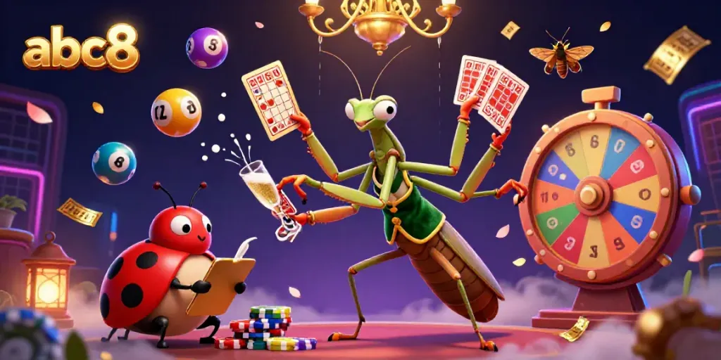 Experience the vibrant world of abc8 with a lively casino scene featuring a giant praying mantis card sharp and a ladybug pit boss.