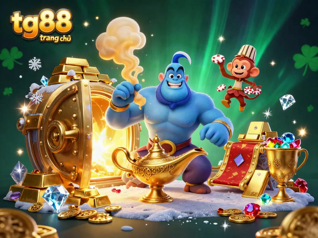 Engage with tg88 trang chủ as the genie bursts forth amidst gold coins and poker chips for thrilling gaming action.