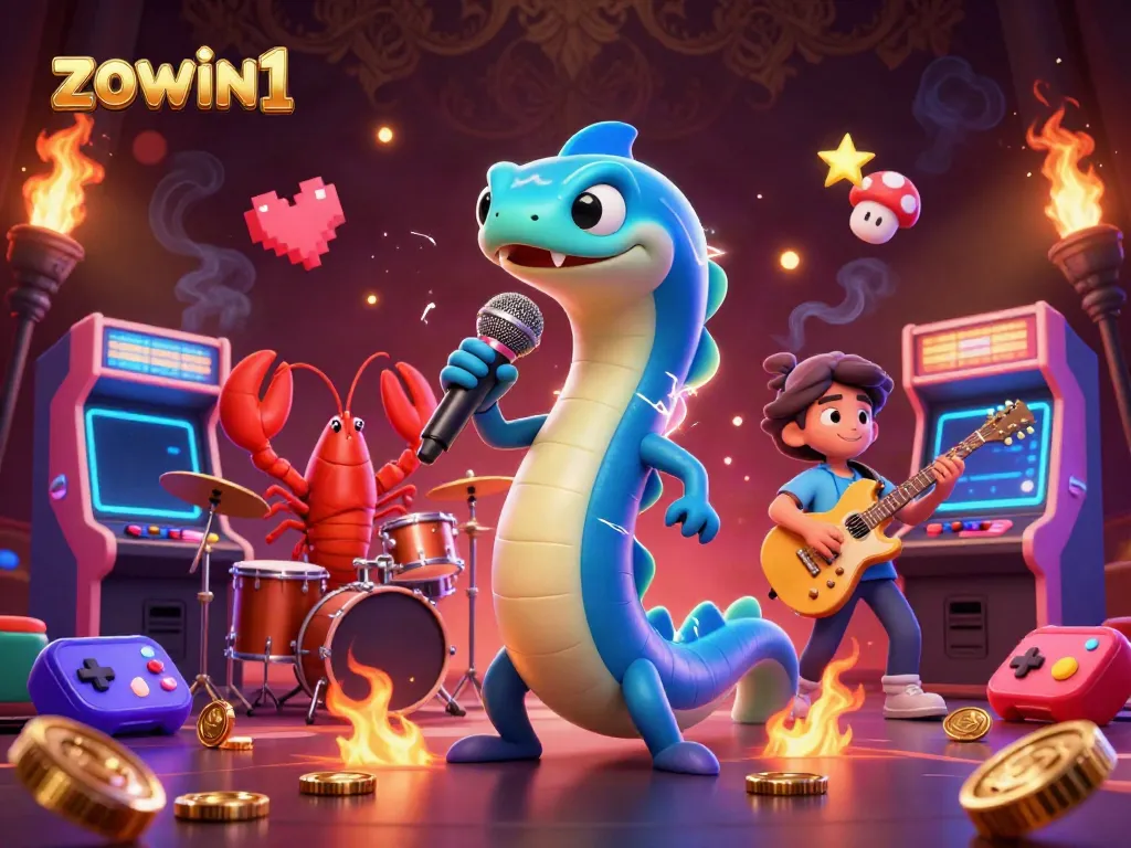 A vibrant underwater casino scene featuring zowin1's electric eel DJ, lobster drummer, and seahorse guitarist energizing the crowd with dynamic gaming elements.
