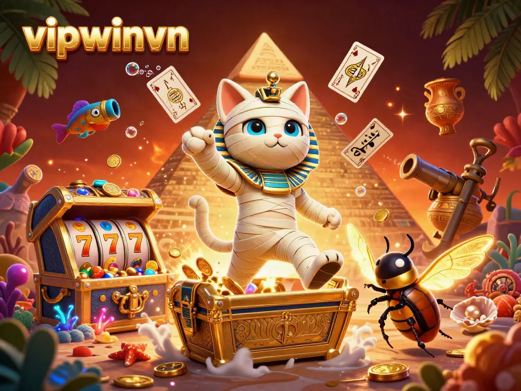 Engage with vipwinvn at a vibrant casino scene featuring an Egyptian mummy cat and dynamic slot reels.
