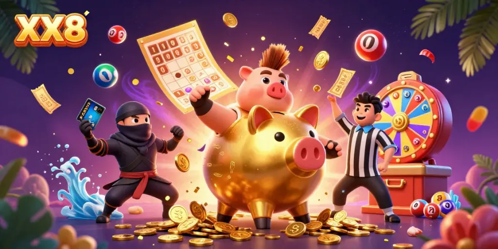 Join the fun at XX8 with a vibrant scene; a piggy bank wrestler surrounded by lottery elements.