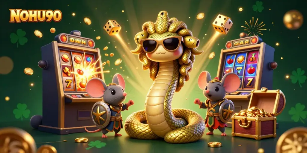 Spinning slots with jackpot explosion in a vibrant NOHU90 casino scene, featuring characters and golden elements.