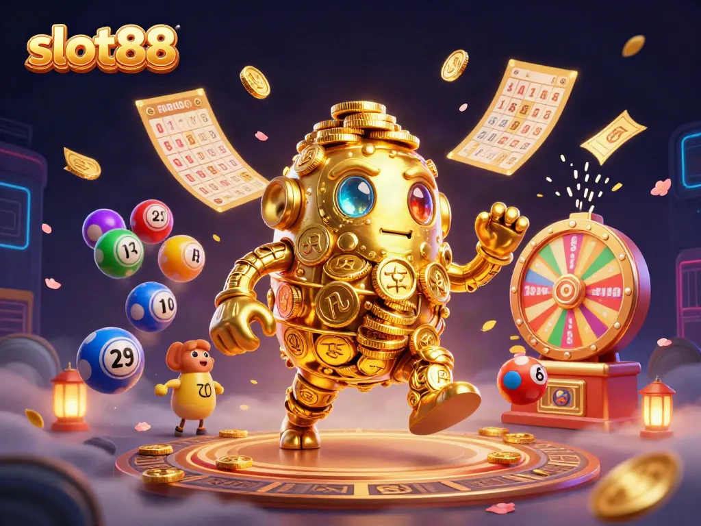 Memenangkan permainan slot88 dengan Golem emas dan simbol slot yang berputar di sekitarnya.