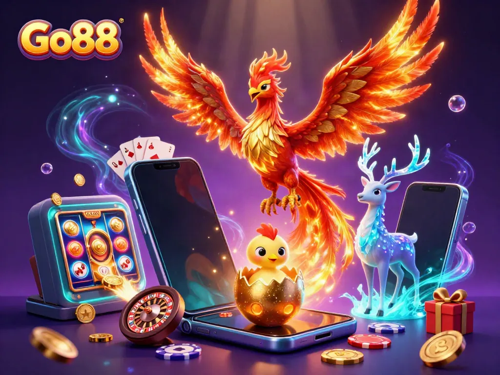 Experience the excitement of Go88 with vibrant slot machines and casino games in a magical scene.