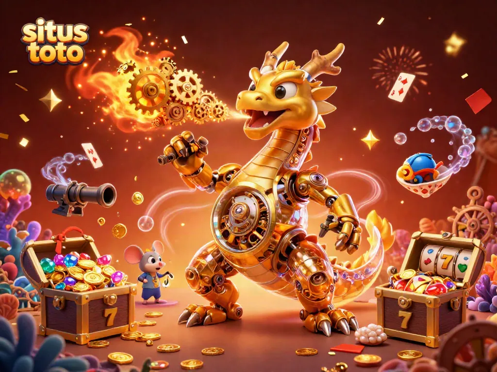 Experience situs toto excitement with a vibrant 3D casino scene featuring a dragon and treasure elements.