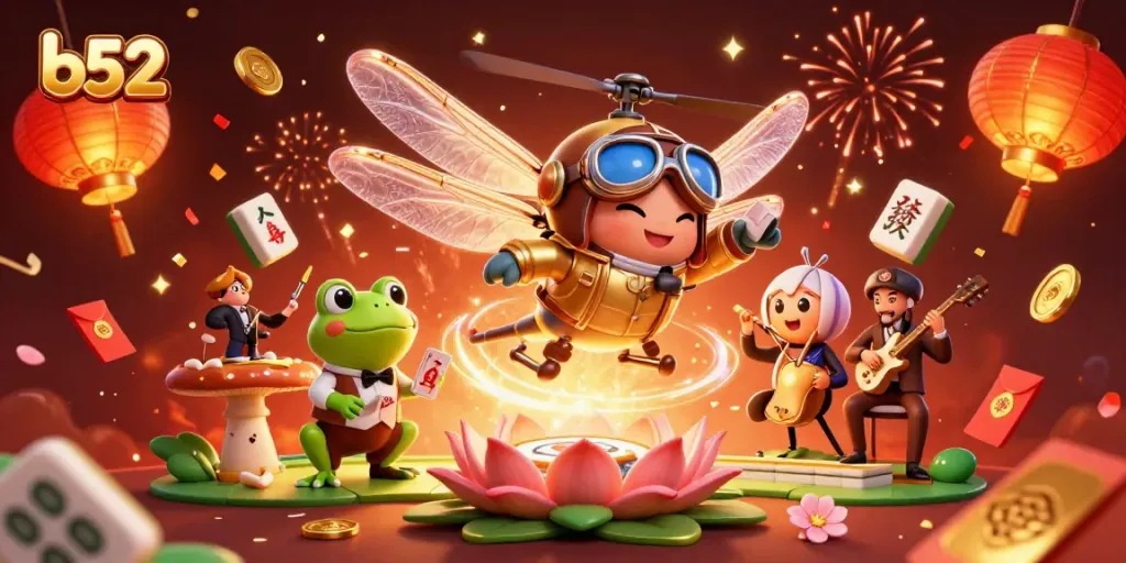 Experience the thrill of b52 at a vibrant lily pad casino with colorful characters and festive elements.