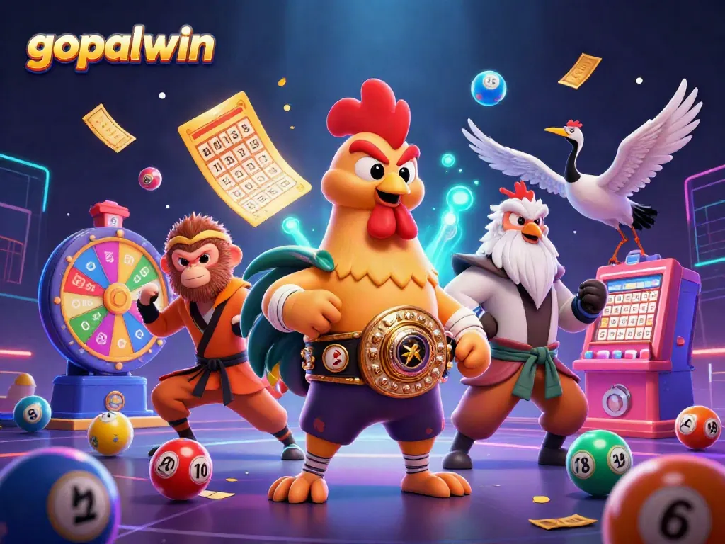 Engage with gopalwin's dynamic gaming scene featuring colorful lottery elements and vibrant characters.