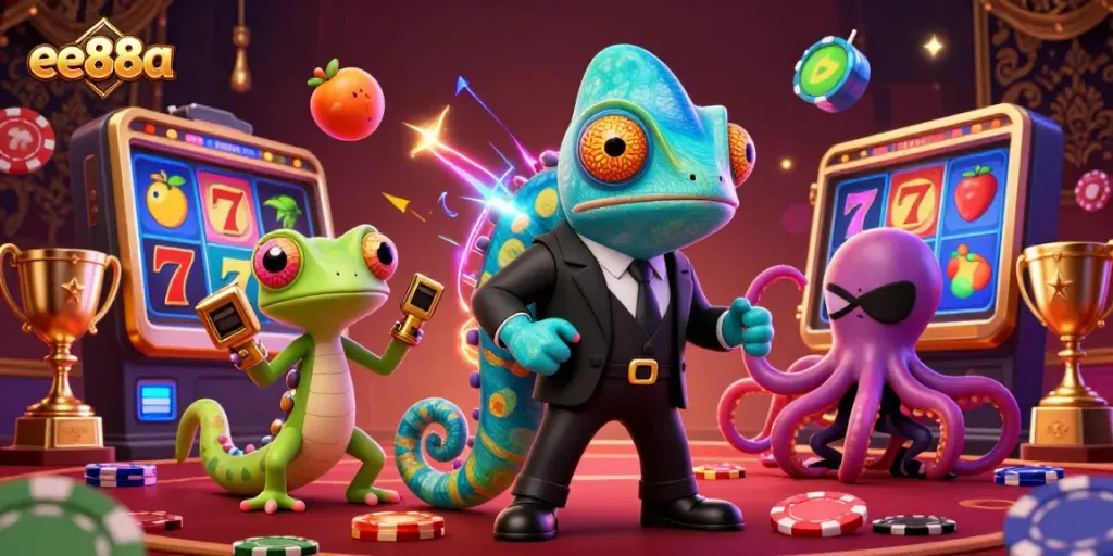 Win big with ee88a in a vibrant casino scene featuring dynamic game elements and iconic characters.