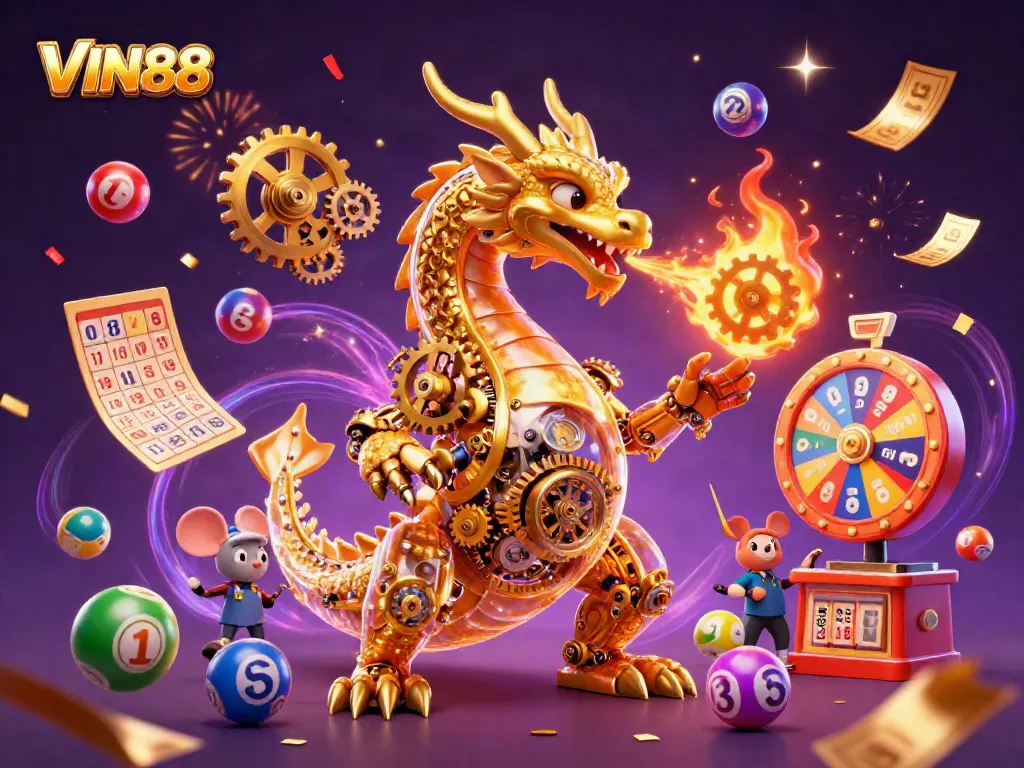 Engage with VIN88's thrilling games illustrated by a golden dragon breathing gears amidst colorful lottery elements.