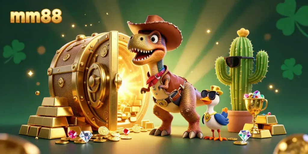Experience mm88's thrilling atmosphere with a T-Rex cowboy and friends amidst treasures.