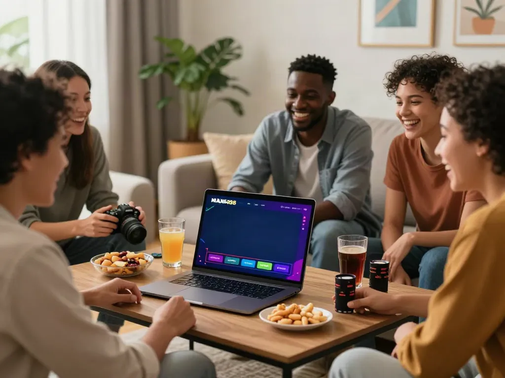 Friends enjoying online gambling with the MAN88 platform in a cozy living room.