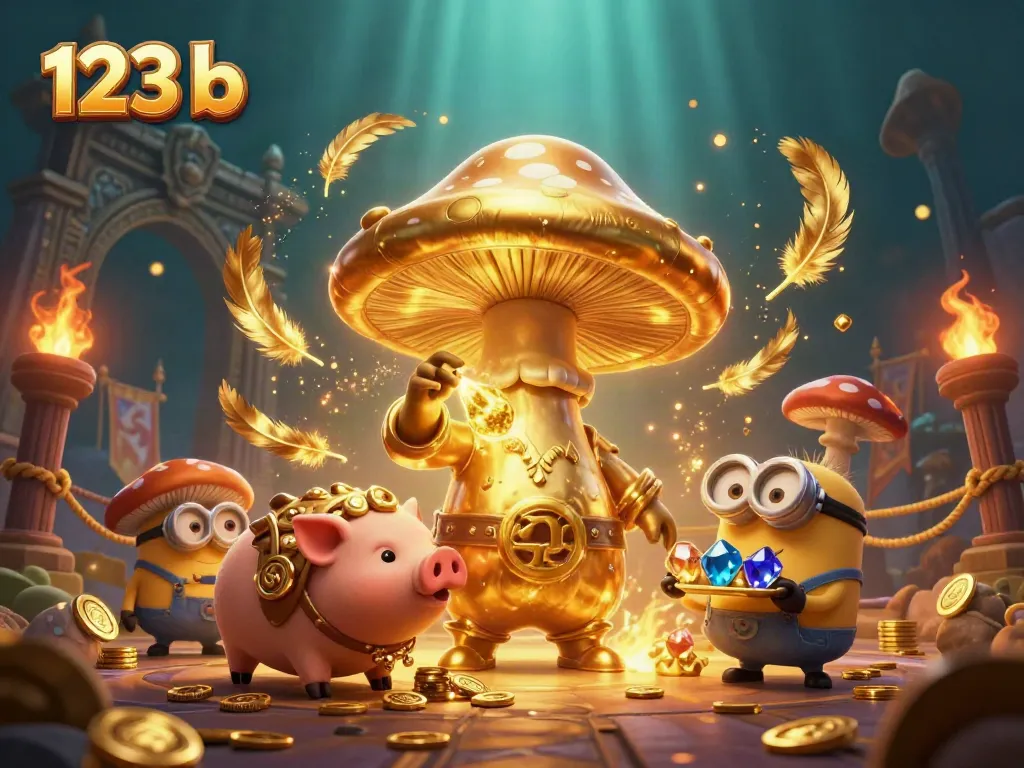 Betting excitement of 123 b illustrated with golden mushroom wizard and treasure elements