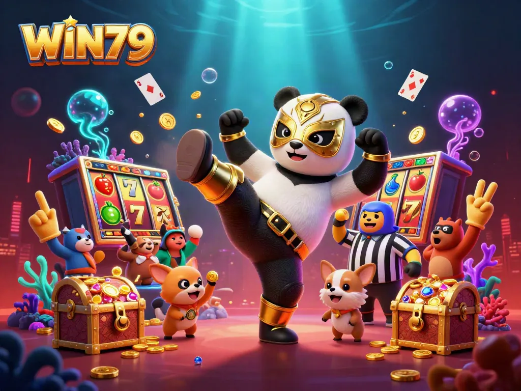 Experience intense excitement with WIN79 as animated panda wrestles in a vibrant casino scene.