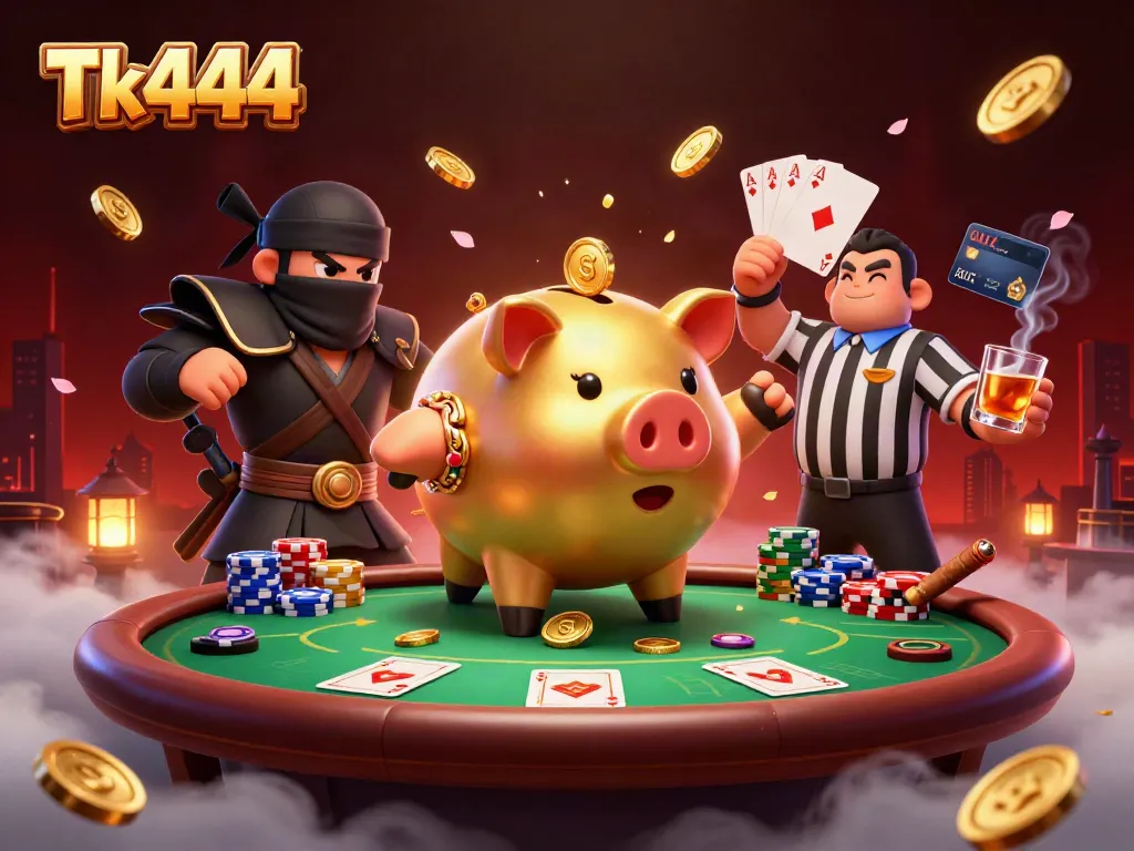 Win big at Tk444 with a dynamic casino scene featuring a golden piggy bank sumo wrestler.