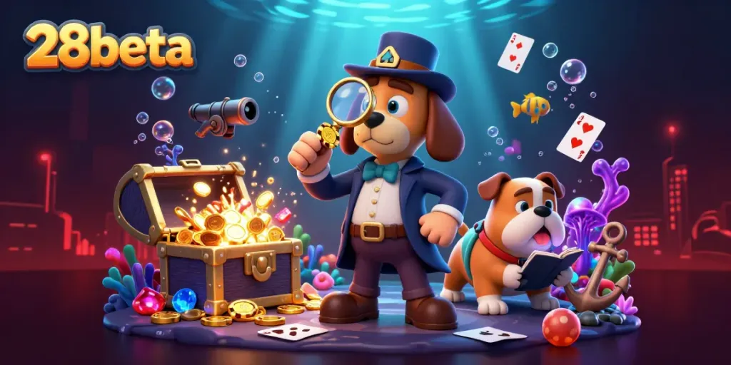 Engage with 28beta's exciting gaming atmosphere, highlighted by vibrant characters and treasure clues.